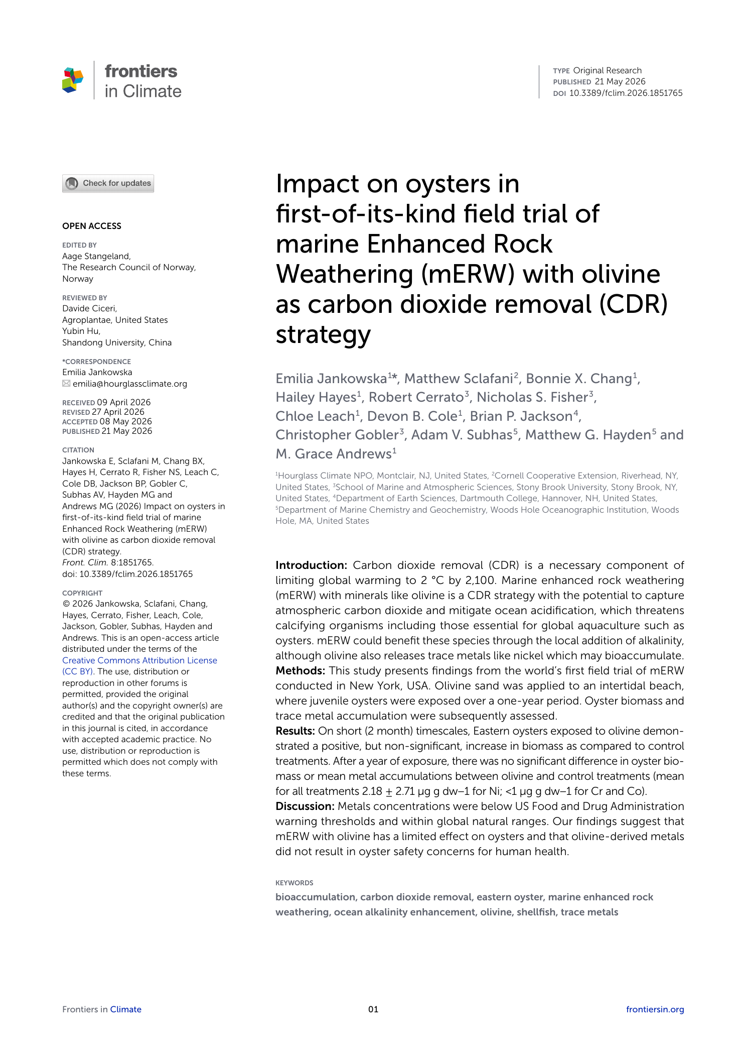 First page of the peer-reviewed Frontiers in Climate field study