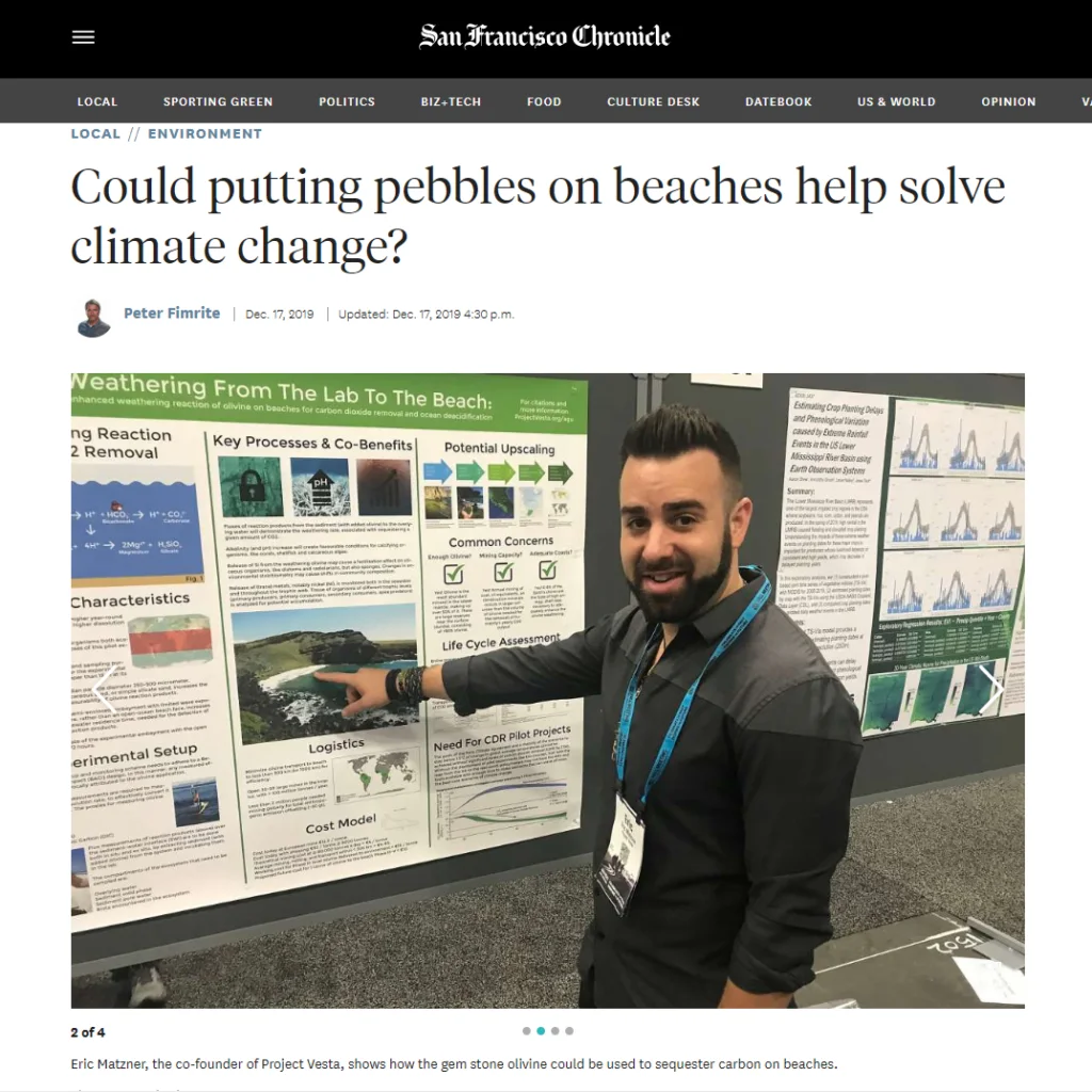 San Francisco Chronicle article titled Could putting pebbles on beaches help solve climate change?