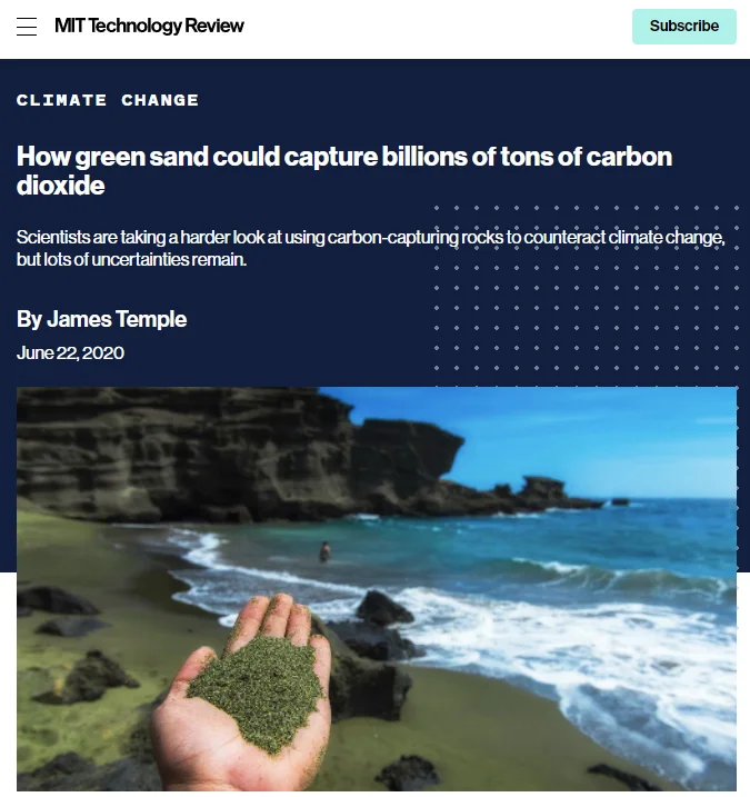 MIT Technology Review coverage of green-sand carbon removal